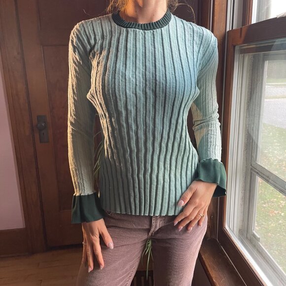 Celine Phoebe Philo Era Ribbed Knit Top M Mint Green Made in Italy Quiet Luxury - Picture 1 of 11
